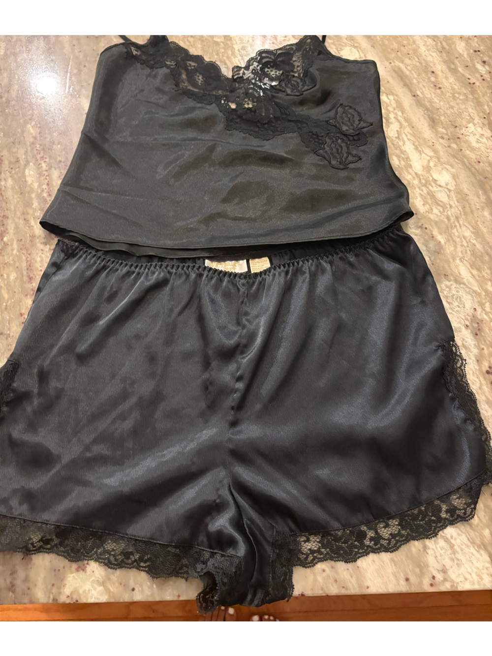 Victoria's Secret Black Satin Lace Trim Cami & Shorts Set